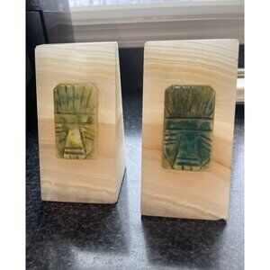 Vintage Hand Carved Bookends Wavy Beige Onyx Aztec Carved Face Theme Green